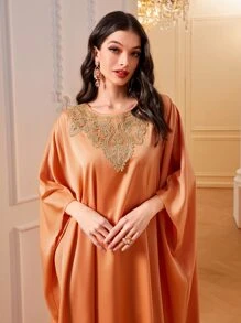 Al Najma Kaftan & Jalabiya Đề can Thêu Hoa Thanh lịch Khiêm tốn - trái cam - Xem 6