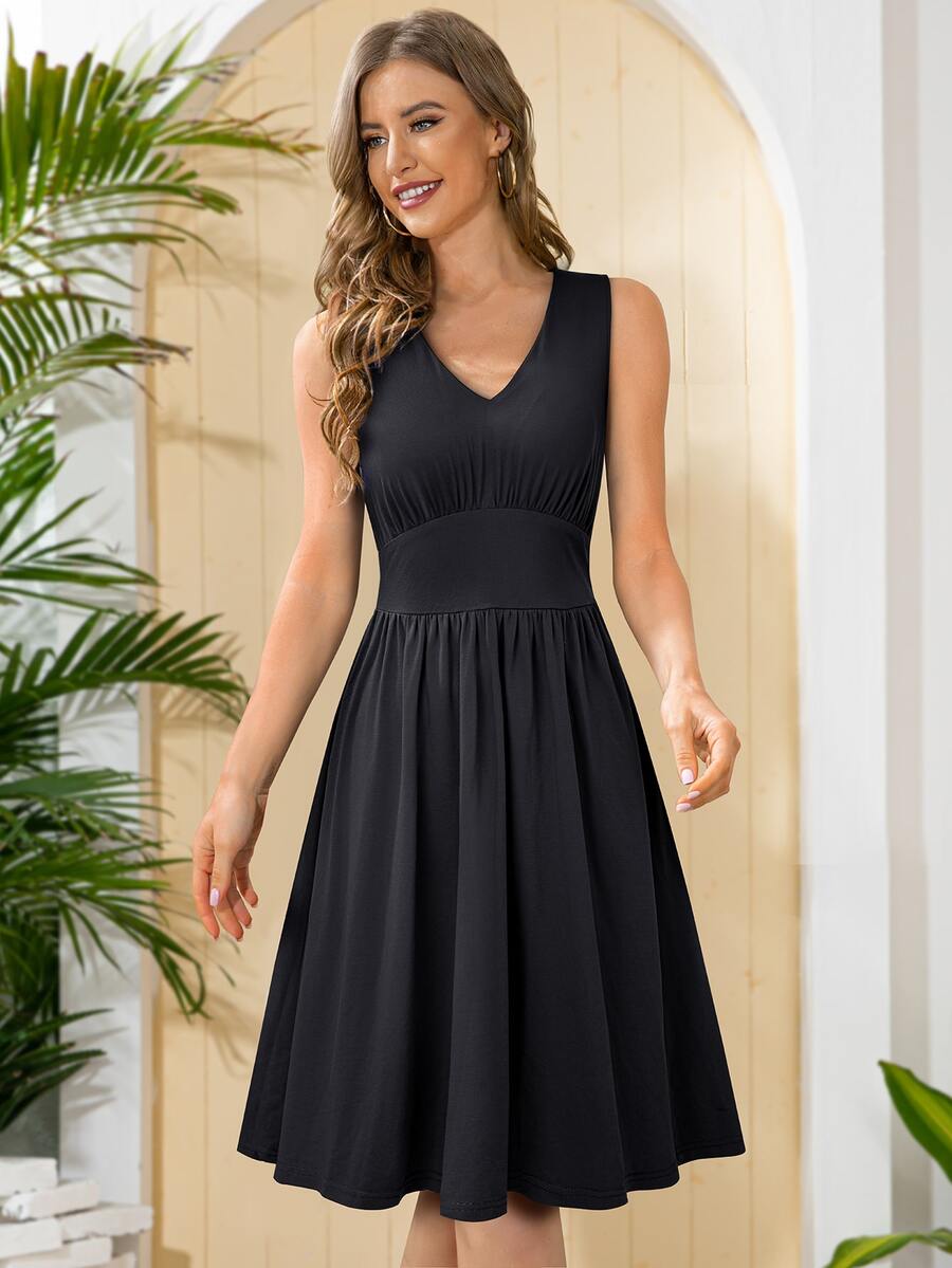 Đầm Nếp gấp Phần Ngực màu trơn Giải trí - màu đen - Xem 1