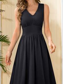 Đầm Nếp gấp Phần Ngực màu trơn Giải trí - màu đen - Xem 4