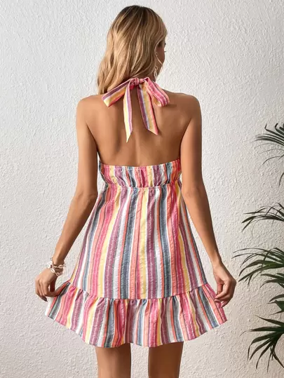 Soleia 塊狀條紋後背繫帶荷葉邊掛脖連衣裙