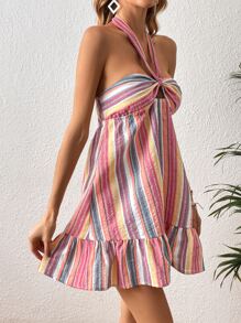 Soleia 塊狀條紋後背繫帶荷葉邊掛脖連衣裙 - 彩色 - 查看 4