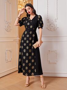 Modelyn Golden Floral Print Puff Sleeve Dress - Black - View 1