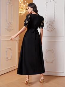 Modelyn Golden Floral Print Puff Sleeve Dress - Black - View 2