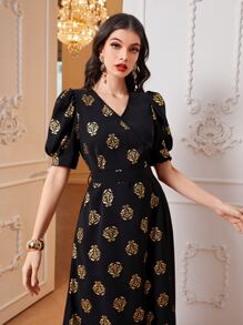 Modelyn Golden Floral Print Puff Sleeve Dress - Black - View 3
