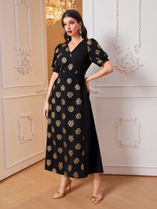 Modelyn Golden Floral Print Puff Sleeve Dress - Black - View 4