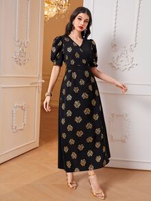 Modelyn Golden Floral Print Puff Sleeve Dress - Black - View 5