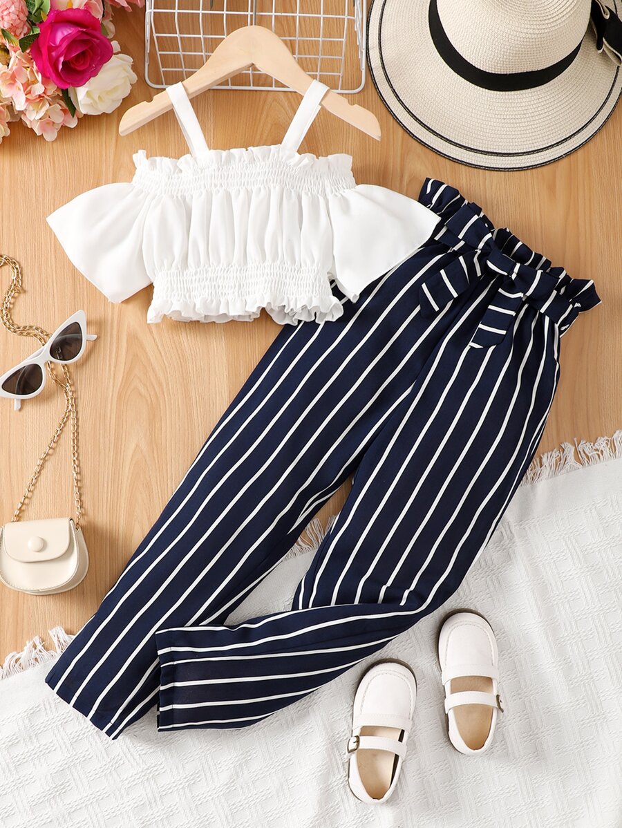 SHEIN Tween Girl Cold Shoulder Ruffle Trim Top & Vertical Striped Pants - Blue and White - View 1
