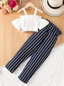 SHEIN Tween Girl Cold Shoulder Ruffle Trim Top & Vertical Striped Pants - Blue and White - View 2
