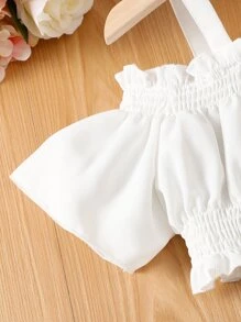 SHEIN Tween Girl Cold Shoulder Ruffle Trim Top & Vertical Striped Pants - Blue and White - View 3