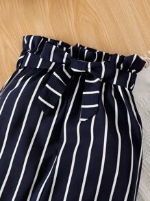 SHEIN Tween Girl Cold Shoulder Ruffle Trim Top & Vertical Striped Pants - Blue and White - View 6