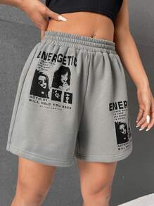 SHEIN EZwear Letter & Figure Graphic Shorts - Grey - View 3