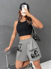 SHEIN EZwear Letter & Figure Graphic Shorts - Grey - View 4