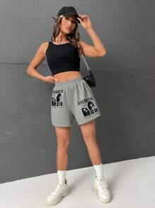 SHEIN EZwear Letter & Figure Graphic Shorts - Grey - View 7