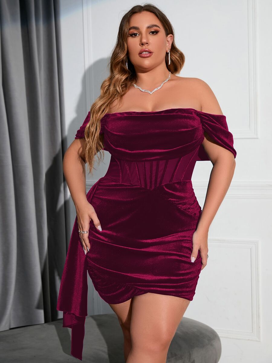 PARTHEA Đầm Plus Size Bất đối xứng Xù Dây kéo màu trơn Buổi tiệc - Màu Tím - Xem 1
