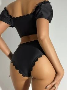 SHEIN Swim Summer Beach Scallop Trim High Waisted Bikini - Black - View 2