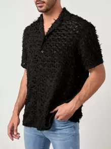 GENTILAND Hombres Camisa unicolor con botón delantero de peluche - Negro - Ver 1