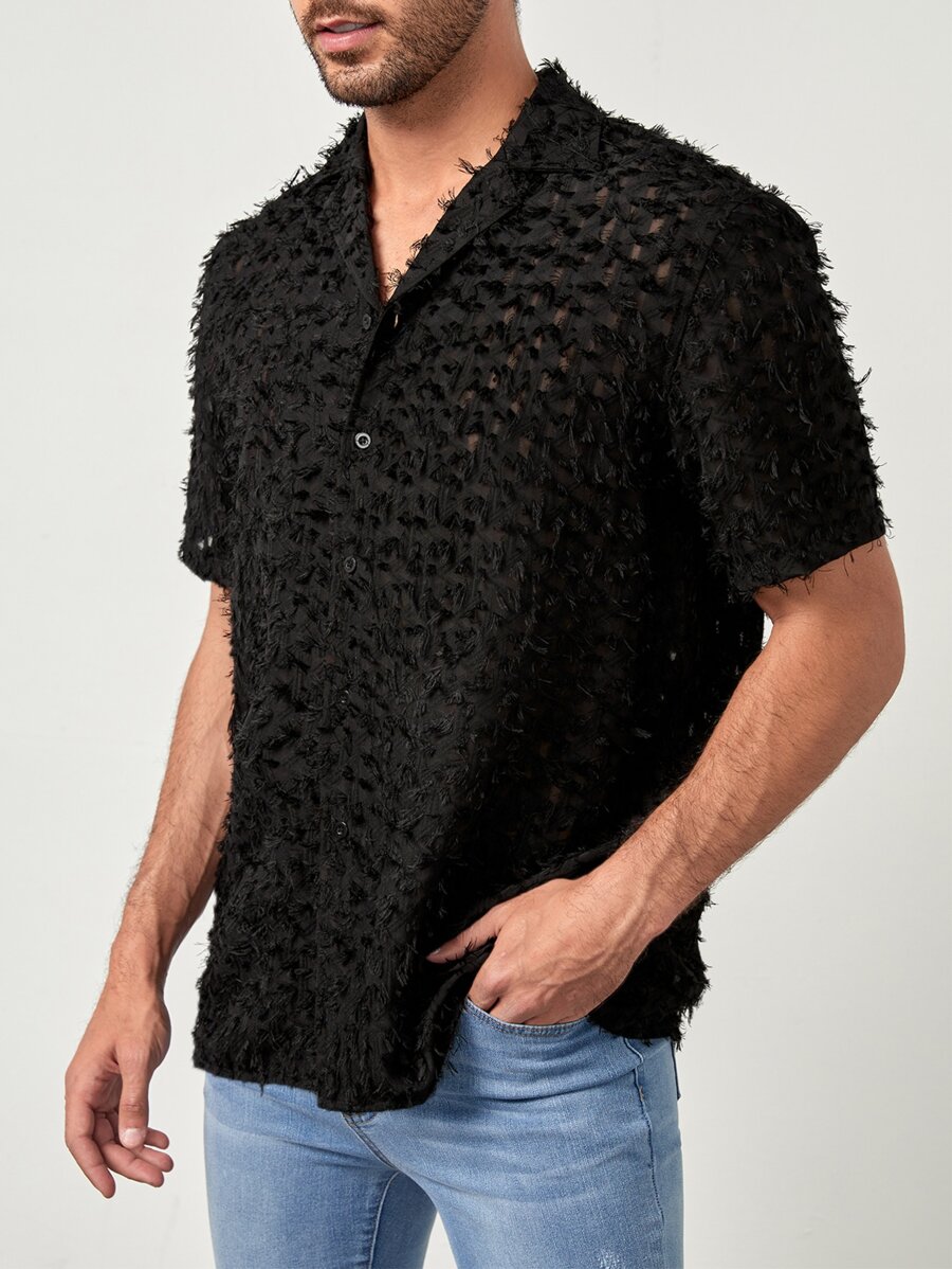 GENTILAND Hombres Camisa unicolor con botón delantero de peluche - Negro - Ver 1