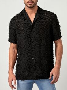 GENTILAND Hombres Camisa unicolor con botón delantero de peluche - Negro - Ver 3