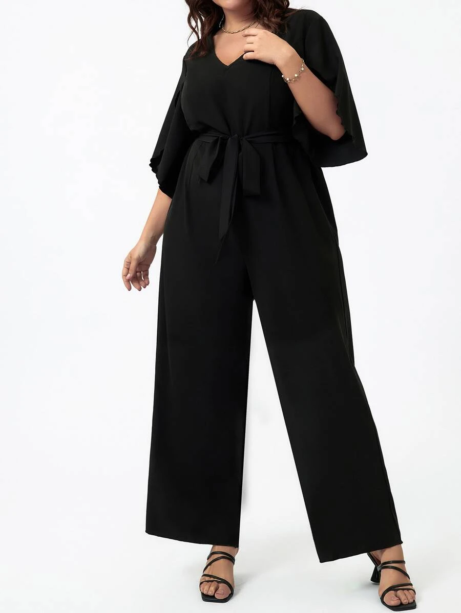 SHEIN LUNE Plus Split Sleeve Belted Jumpsuit - Black - View 1