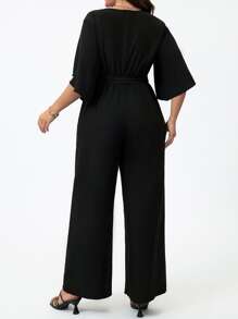 SHEIN LUNE Plus Split Sleeve Belted Jumpsuit - Black - View 2