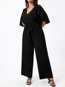 SHEIN LUNE Plus Split Sleeve Belted Jumpsuit - Black - View 3