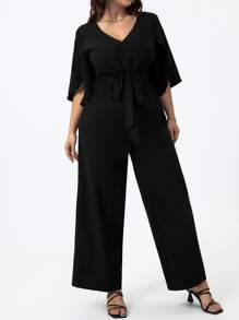 SHEIN LUNE Plus Split Sleeve Belted Jumpsuit - Black - View 4