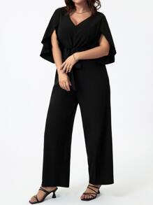 SHEIN LUNE Plus Split Sleeve Belted Jumpsuit - Black - View 5