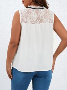 SHEIN Clasi Plus Contrast Lace Tie Neck Blouse - White - View 2