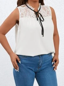 SHEIN Clasi Plus Contrast Lace Tie Neck Blouse - White - View 5