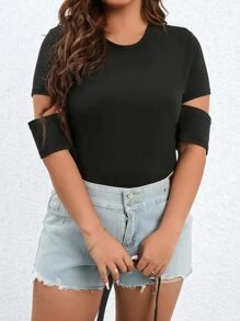 SHEIN LUNE Plus Solid Cut Out Bodysuit - Black - View 1