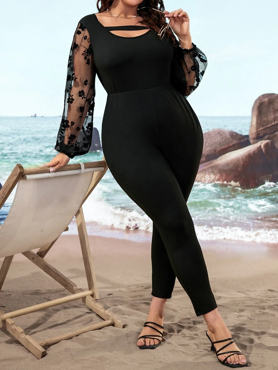 SHEIN LUNE Plus Contrast Floral Mesh Lantern Sleeve Cut Out Jumpsuit - Black - View 1