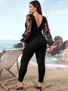 SHEIN LUNE Plus Contrast Floral Mesh Lantern Sleeve Cut Out Jumpsuit - Black - View 2
