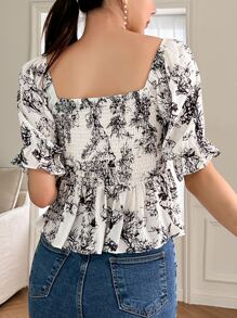 DAZY 花卉印花折疊收納胸衣底的荷葉袖擺婚紗上衣