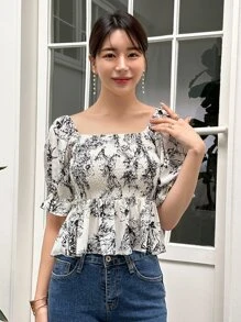 DAZY 花卉印花折疊收納胸衣底的荷葉袖擺婚紗上衣