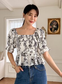 DAZY 花卉印花折疊收納胸衣底的荷葉袖擺婚紗上衣