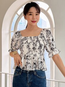 DAZY 花卉印花折疊收納胸衣底的荷葉袖擺婚紗上衣