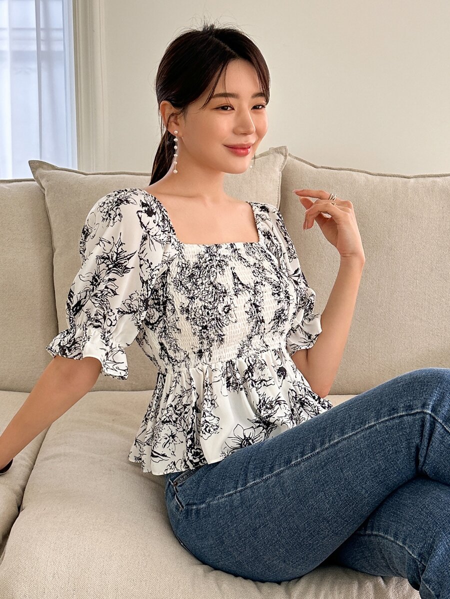 DAZY 花卉印花折疊收納胸衣底的荷葉袖擺婚紗上衣