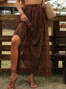 Breezaya Leopard Print Flare Skirt - Brown - View 3