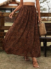 Breezaya Leopard Print Flare Skirt - Brown - View 2