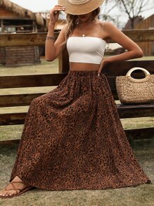 Breezaya Leopard Print Flare Skirt - Brown - View 1