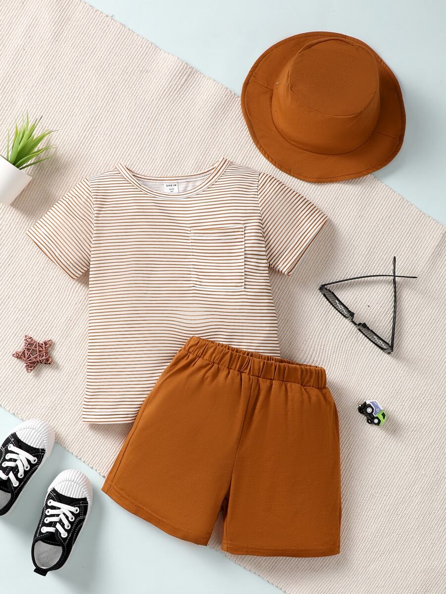SHEIN 小男童條紋圖案T恤和短褲 - 彩色 - 查看 1
