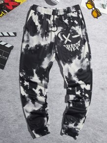 Manfinity Men Tie Dye Letter Graphic Drawstring Waist Sweatpants - Black and White - View 1
