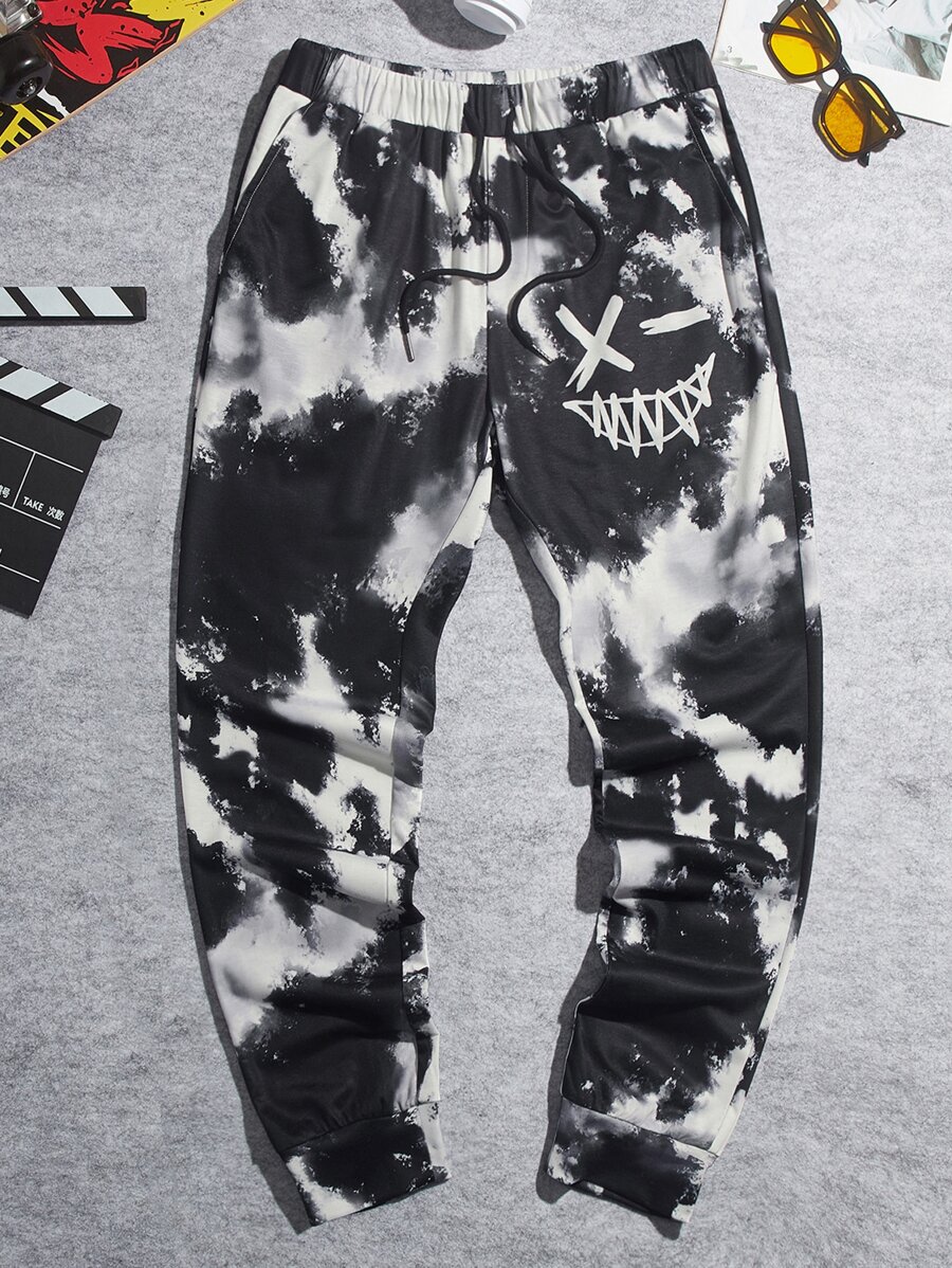 Manfinity Men Tie Dye Letter Graphic Drawstring Waist Sweatpants - Black and White - View 1