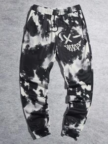 Manfinity Men Tie Dye Letter Graphic Drawstring Waist Sweatpants - Black and White - View 5