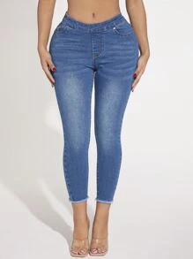 SHEIN SXY Washed Raw Cut Skinny Jeans - Medium Wash - View 3