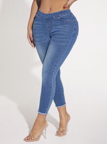 SHEIN SXY Washed Raw Cut Skinny Jeans - Medium Wash - View 1