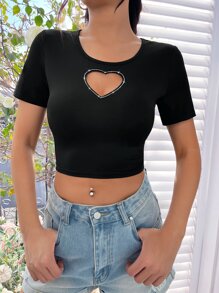 SHEIN EZwear Rhinestone Heart Cut Out Crop Tee - Black - View 4