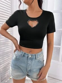 SHEIN EZwear Rhinestone Heart Cut Out Crop Tee - Black - View 5