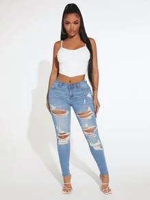 SHEIN SXY Drop Waist Ripped Skinny Jeans - Medium Wash - View 3