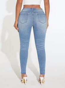 SHEIN SXY Drop Waist Ripped Skinny Jeans - Medium Wash - View 2